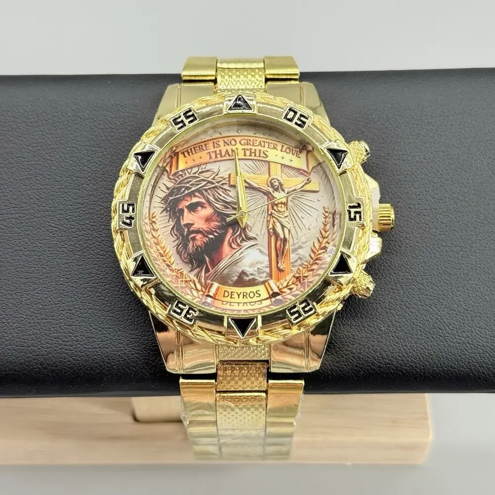 DEYROS Men's Gold Tone Watch Jesus Christ Religious Christian Quartz Wristwatch